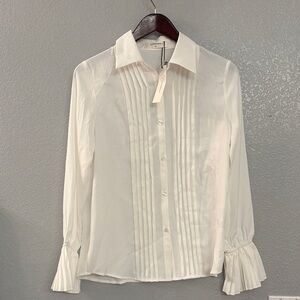 Commense White Pleated Button Down Shirt